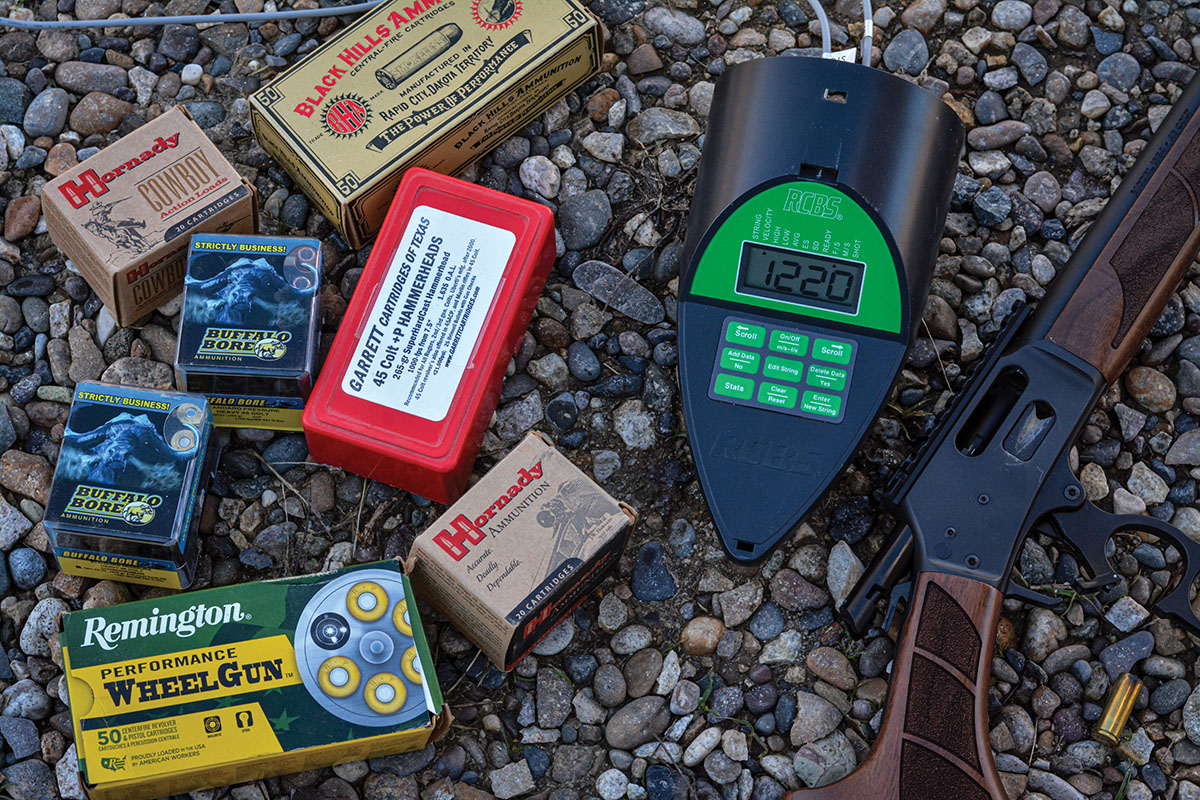 Factory loads were checked for velocity and accuracy in the Smith & Wesson Model 1854 chambered in 45 Colt.
